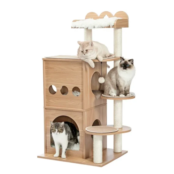Wooden cat tree with modern design, scratching post, large platform, and spacious nest 120cm beige