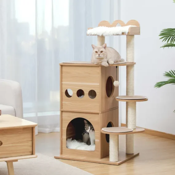 Wooden cat tree with modern design, scratching post, large platform, and spacious nest 120cm beige