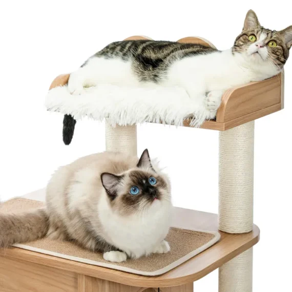Wooden cat tree with modern design, scratching post, large platform, and spacious nest 120cm beige