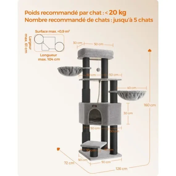 Large and Stable Cat Tree with Warm Mat, Self-Groomers, Scratching Posts, 50 x 50 x 160 cm