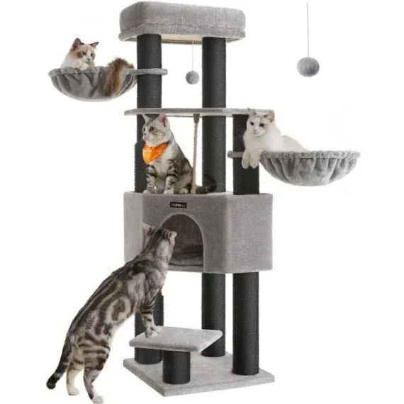 Large and Stable Cat Tree with Warm Mat, Self-Groomers, Scratching Posts, 50 x 50 x 160 cm