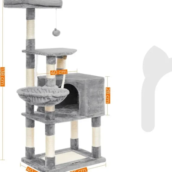 Feandrea Cat Tree Height 138 cm, Cat Play Tower, with Base and 9 Scratching Posts